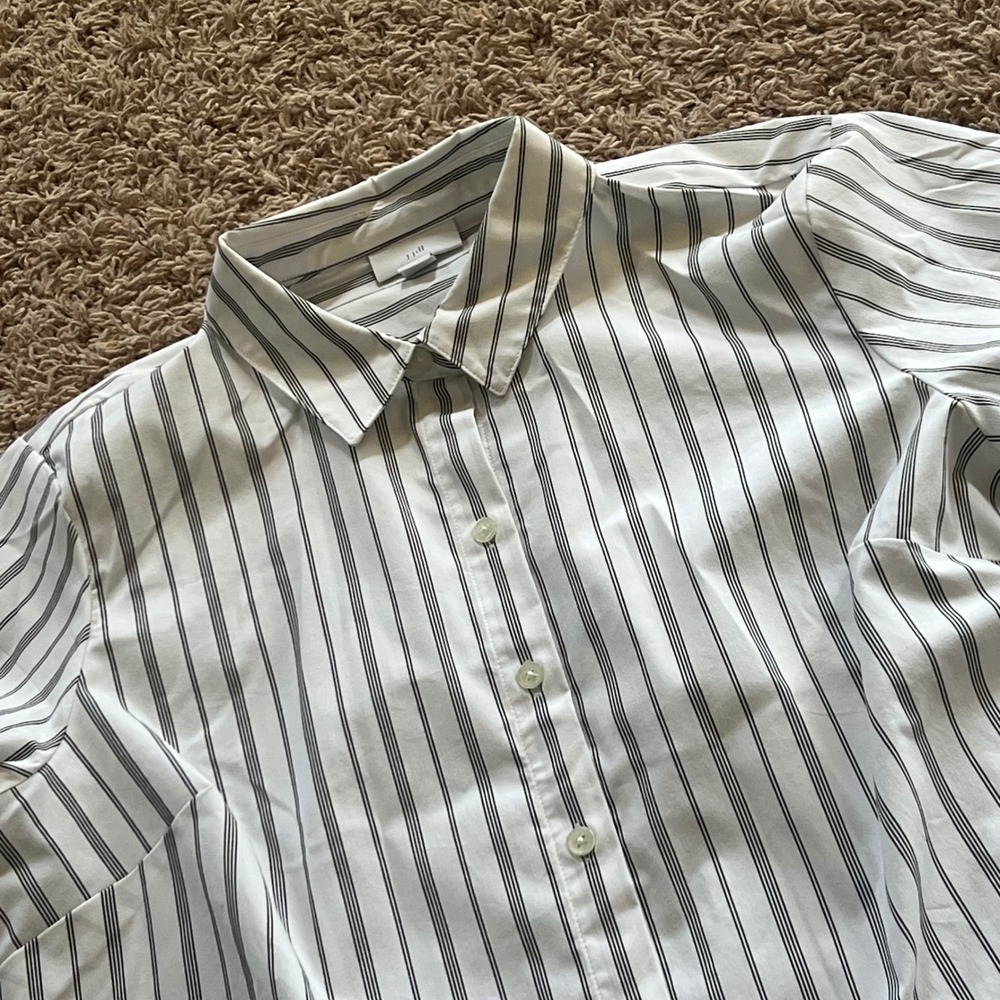 J. Jill‎ Womens Medium White Black Striped Button Down Long Sleeve Tunic Shirt